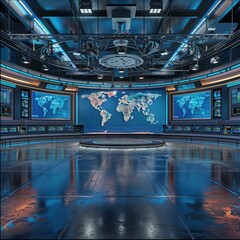 Wall Mural - A futuristic control room with a world map on the wall. AI.