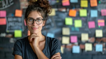 Poster - A woman with glasses smiles while looking at the camera. AI.