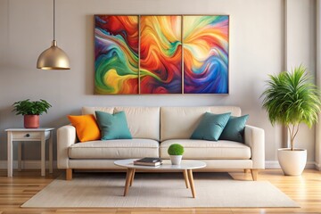 Wall Mural - Elegant living room with colorful abstract artwork and plants