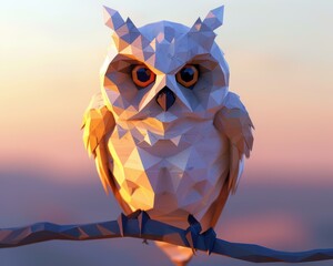 Canvas Print - A low-poly owl perches on a branch. AI.