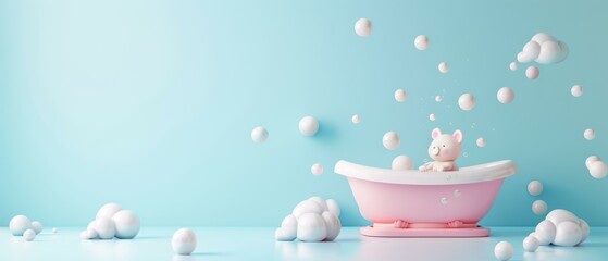 Poster - A pink bathtub with a cartoon animal taking a bath surrounded by white bubbles. AI.