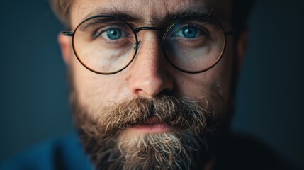 Poster - A man with a beard and glasses looks directly at the camera. AI.