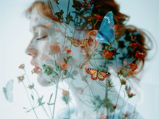 Wall Mural - A woman's face is superimposed with flowers and butterflies. AI.