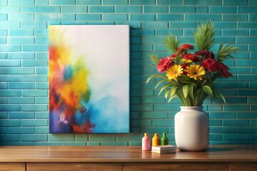 Wall Mural - vibrant abstract painting on blue brick wall with flower vase