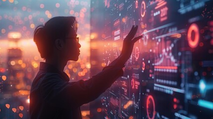 A person interacts with digital data displays in a modern workspace during twilight, showcasing technology and innovation