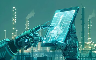 Robotic hands interact with a digital blueprint in a futuristic industrial setting during twilight