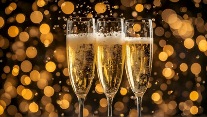 A champagne celebration with golden bokeh light glitter on blue abstract background