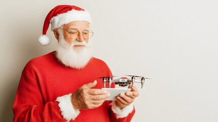 A cheerful man in a Santa hat and red sweater holds a drone, embodying a festive holiday spirit.