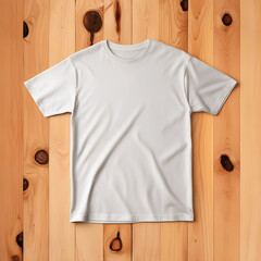 Commercial studio shot of a white short sleeve t-shirt plain round neck mock up on wooden background