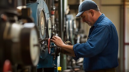 Inside a restored historical hydroelectric plant, an engineer checks the water pressure gauges and mechanical systems