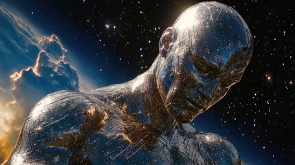 Wall Mural - A figure of a human breathing into the cosmos, with nebula clouds and galaxies expanding from their breath. The abstract, deep space background is filled with stars.