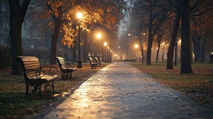 Wall Mural - Empty Benches on a Misty Evening Path in an Illuminated Park