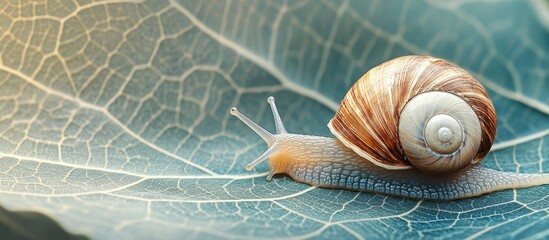 Close-Up of a Snail on a Leaf with Detailed Shell Texture and Soft Background in Natural Light