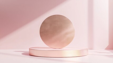 Glossy pink circular podium with studio backgrounds Metallic rose gold blank display in a clean space for product presentation Minimalist mockup for showcasing a pedestal 3D rendering