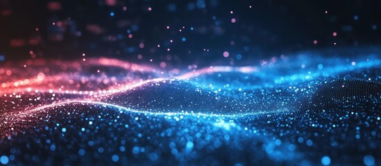 Poster - Abstract background with blue and pink light waves of particles.