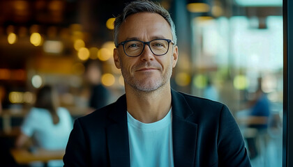 A video of an attractive middle-aged man with short hair and glasses, wearing a black blazer over a white t-shirt.