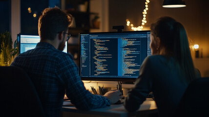 Collaborating developers working late night on programming projects in a cozy workspace