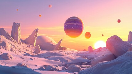 Wall Mural - 3d cartoon visualization of sunrise on a planet