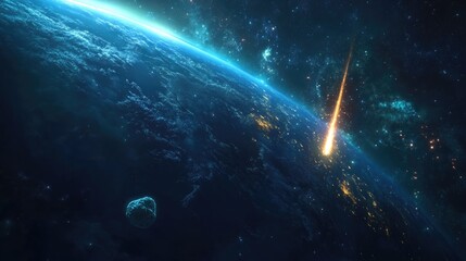 3d cartoon illustration depicting a glowing asteroid and a comet s tail approaching planet earth pos