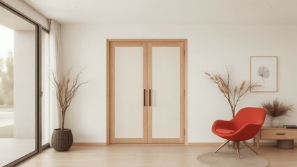 Poster - Red armchair in a modern living room with large windows.