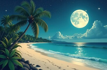 Beautiful fantasy tropical beach with Milky Way star in night skies, full moon - Retro style artwork with vintage color tone 