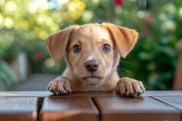 A curious puppy peeks over a wooden table. This adorable dog displays big expressive eyes. Perfect for pet love themes. Captures innocence in nature. Generative AI