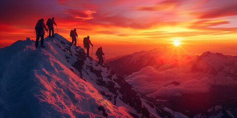 Group of people moving on top of a mountain during sunset