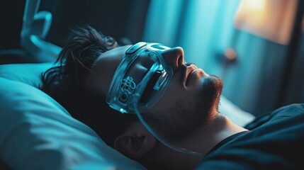 Sleep apnea treatment with a CPAP machine, showing a person using the device to ensure proper breathing during sleep, highlighting solutions for sleep-related breathing disorders