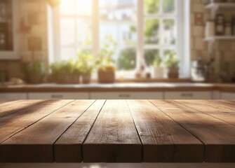 Wooden table top with kitchen background.