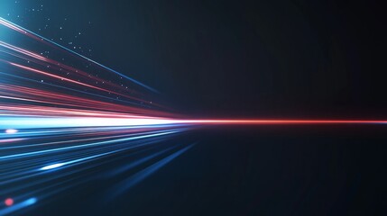 A dynamic abstract image featuring streaks of light in blue and red against a dark background.