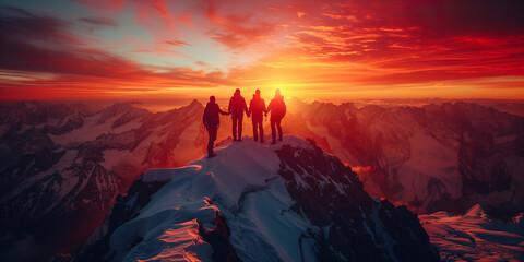 Group of people on top of a mountain during sunset