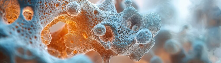 Wall Mural - abstract macro close-up of intricate organic structures in blue and orange tones with depth of field