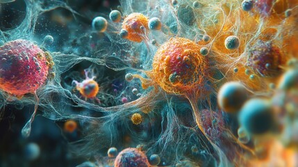 Wall Mural - vibrant microscopic view of cells with intricate network of fibers and structures in a dynamic biolo