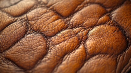 Poster - The image captures a close-up view of rich brown leather, highlighting its textured surface, natural grain patterns, and warm, inviting tones under soft lighting.