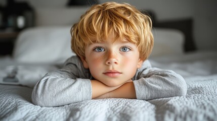 A playful six-year-old boy lying on his bed, smiling and enjoying his leisure time, surrounded by colorful toys and a cozy bedroom atmosphere, representing childhood joy and innocence.