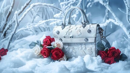 A female luxury bag in the winter hush with red roses