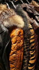 luxury leather and fur coats on display. a close-up of high-end leather and fur coats featuring a va