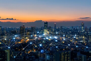 A panoramic view of a modern cityscape at dusk, with a network of glowing lines connecting the buildings, representing global communication and connectivity.