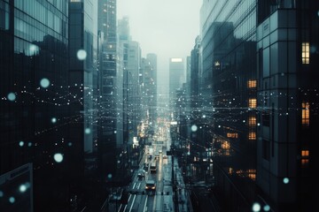 A foggy cityscape with a network of glowing lines connecting buildings, representing communication, connectivity, and technology.