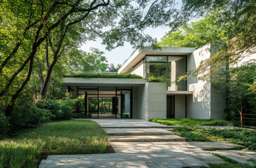 Modern house with concrete walls and glass windows, front view, exterior perspective, with green plants on the roof. The entrance is located in an open space surrounded by trees.