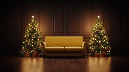 Cozy Christmas Living Room with Two Decorated Christmas Trees and Yellow Sofa.