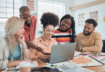 Aufkleber - Teamwork, laptop and startup with business people in office for visual merchandiser, campaign layout or branding. Creative director, idea and consulting with employee for planning, launch and project
