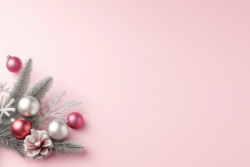 Pink Christmas Background with Fir Branches and Ornaments.