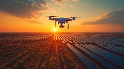 A drone hovers above vast solar panel fields, capturing stunning sunset colors that illuminate the landscape. The peaceful rural setting showcases renewable energy in harmony with nature.