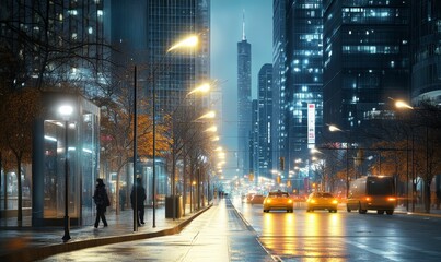 Sticker - City street at night with rain and cars.