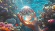 © Cavad - A hand holds a disco ball, representing a planet, against a coral reef backdrop. The design highlights the issue of global warming and the need to protect our environment.