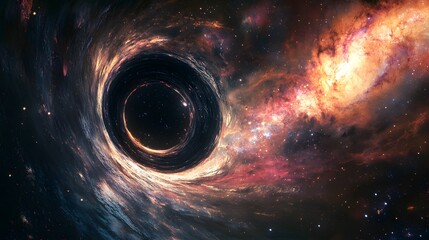 abstract black hole system over star field with event horizon, gravity singularity in outer space.