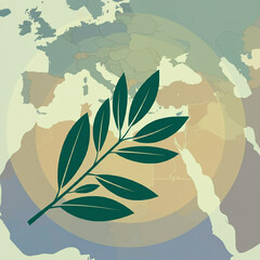 Stylized olive branch on a world map background, representing global peace and environmental harmony