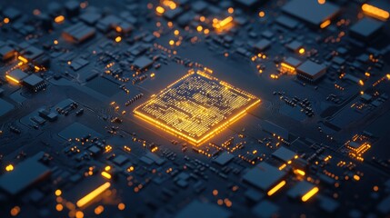 Illuminated microchip with digital binary data and glowing circuit board representing the concept of neural network digitalization
