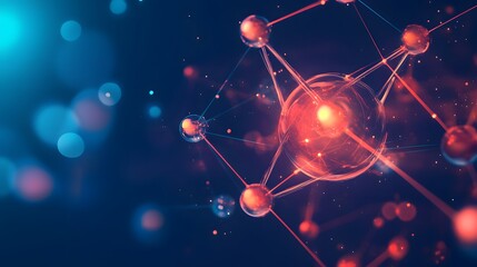 Wall Mural - Abstract representation of a glowing molecule connected by lines on a dark blue background.